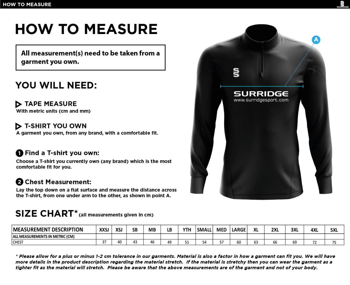 Darley Dale Cricket Club Blade Performance Top - Size Guide