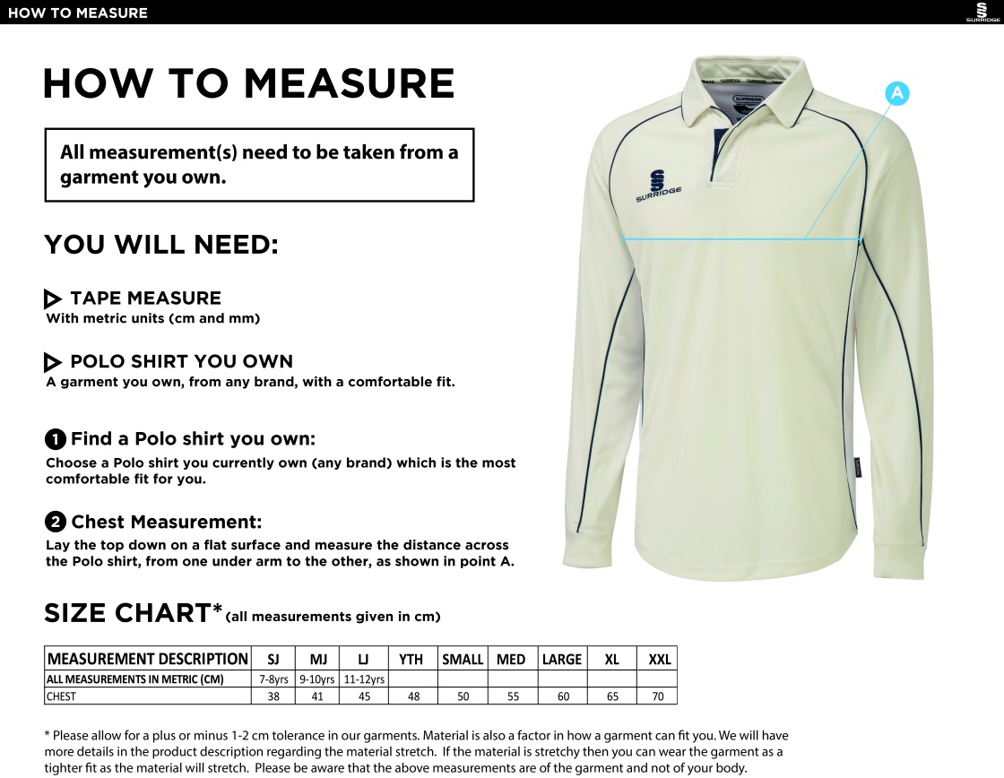 Darley Dale Cricket Club Premier Long Sleeve Playing Shirt - Size Guide