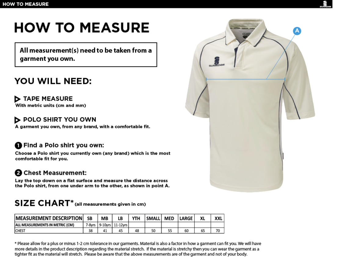 Darley Dale Cricket Club Premier 3/4 Sleeve Playing Shirt - Size Guide