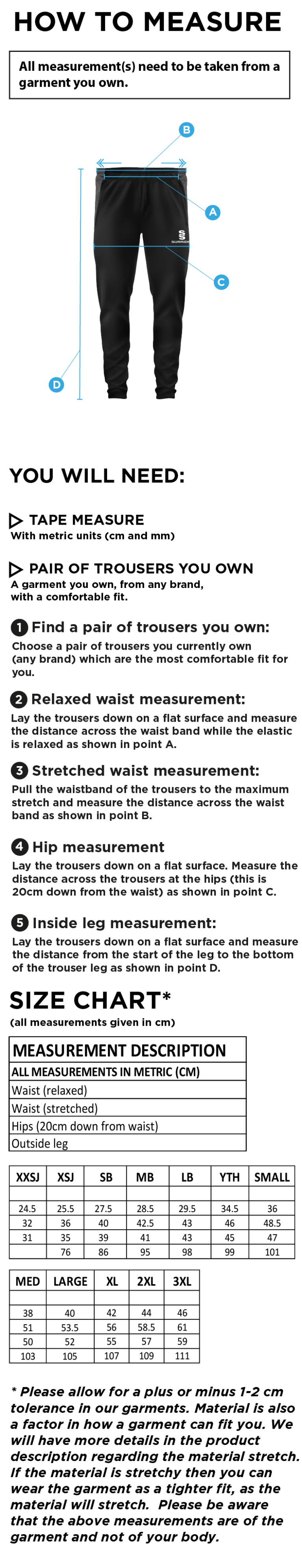 Darley Dale Cricket Club Slim Training Pants - Size Guide