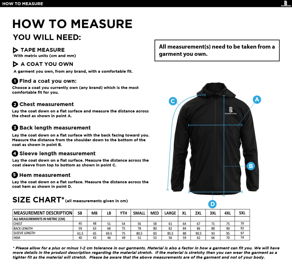 Darley Dale Cricket Club Lightweight Full Zip Training Jacket - Size Guide