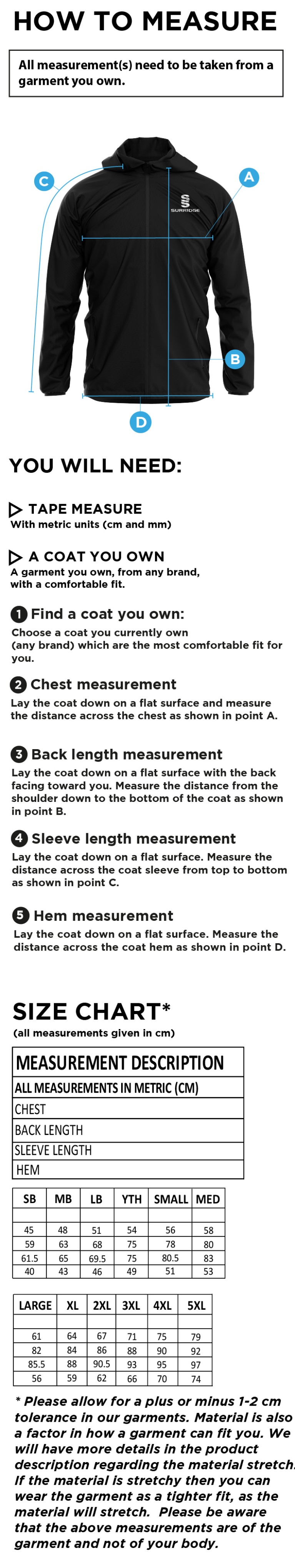 Darley Dale Cricket Club Lightweight Full Zip Training Jacket - Size Guide