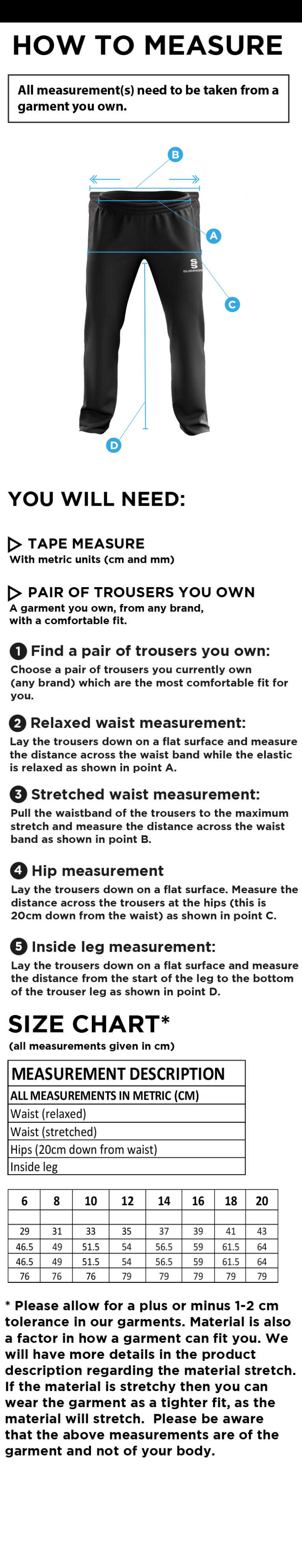 Darley Dale Cricket Club Women's Ripstop Track Pant - Size Guide
