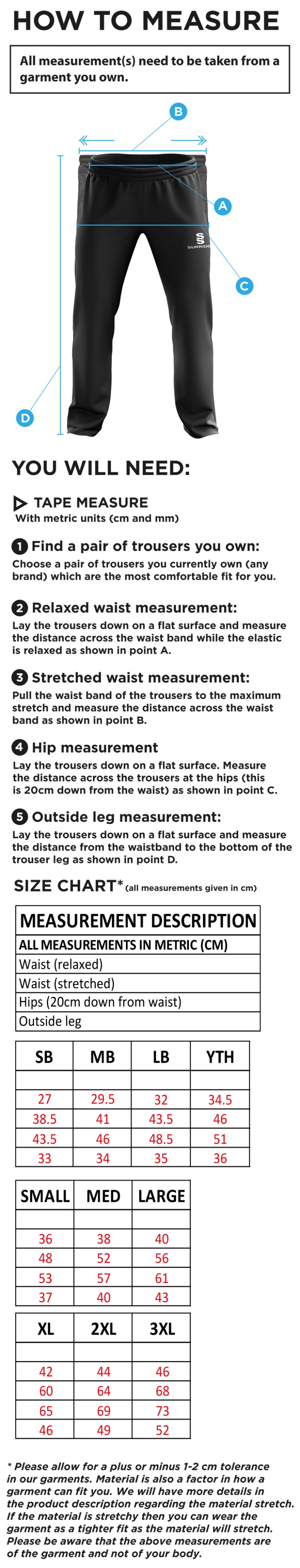 Darley Dale Cricket Club Ripstop Track Pant - Size Guide
