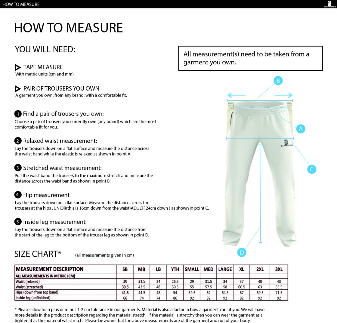 Darley Dale Cricket Club Standard Fit Cricket Trousers - Size Guide