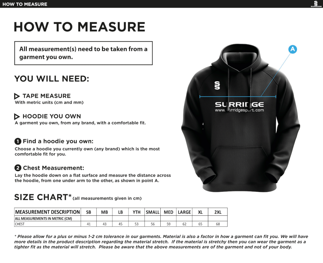 Darley Dale Cricket Club Blade Hoody - Size Guide