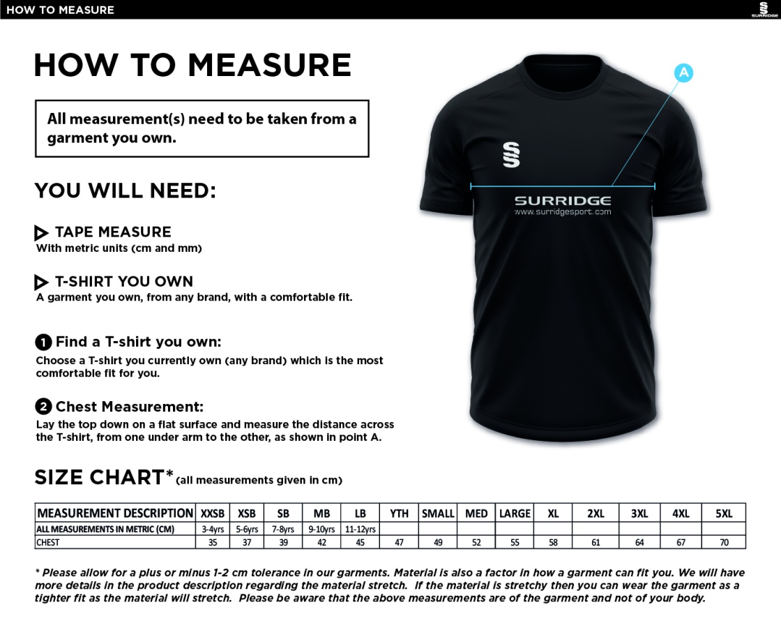 Darley Dale Cricket Club Blade Polo Shirt - Size Guide