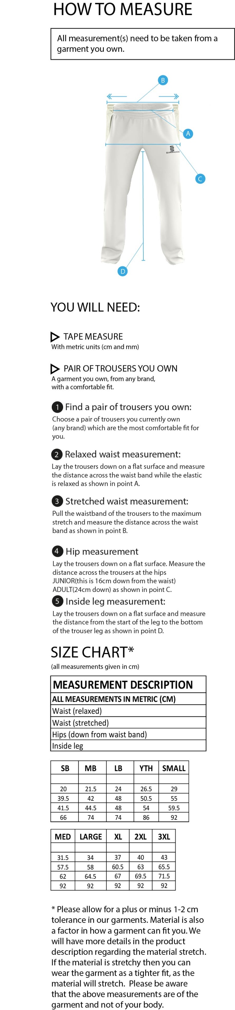 Darley Dale Cricket Club Standard Fit Cricket Trousers - Size Guide