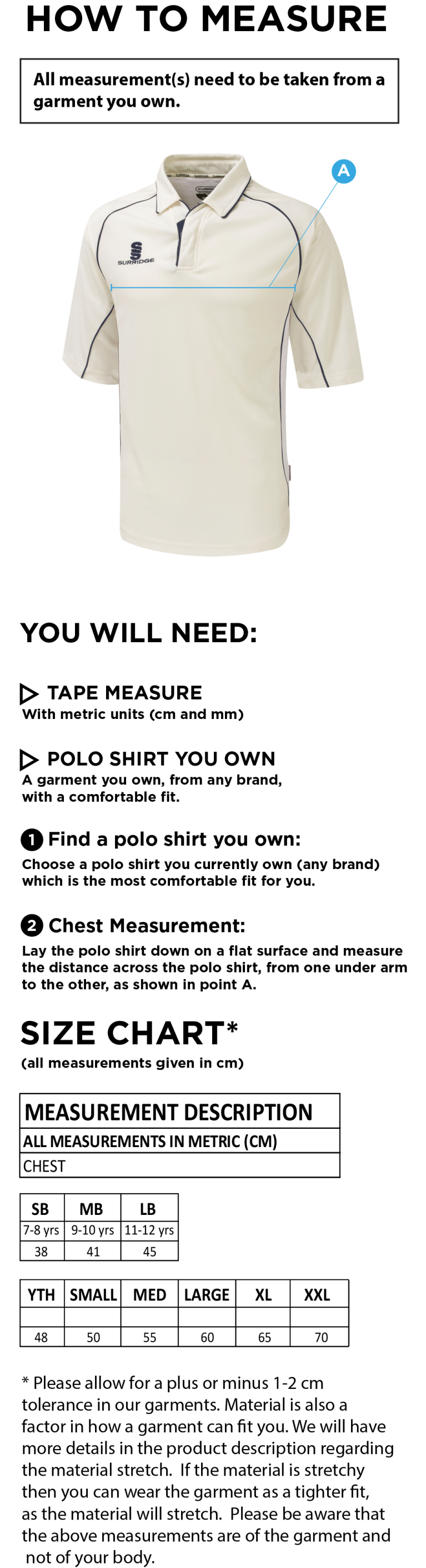 Darley Dale Cricket Club Premier 3/4 Sleeve Playing Shirt - Size Guide