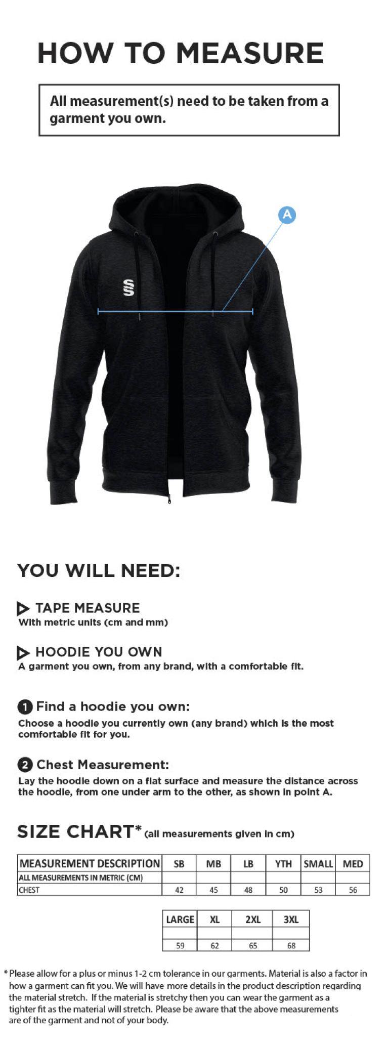 Darley Dale Cricket Club Dual Bonded Full Zip Hoody - Size Guide