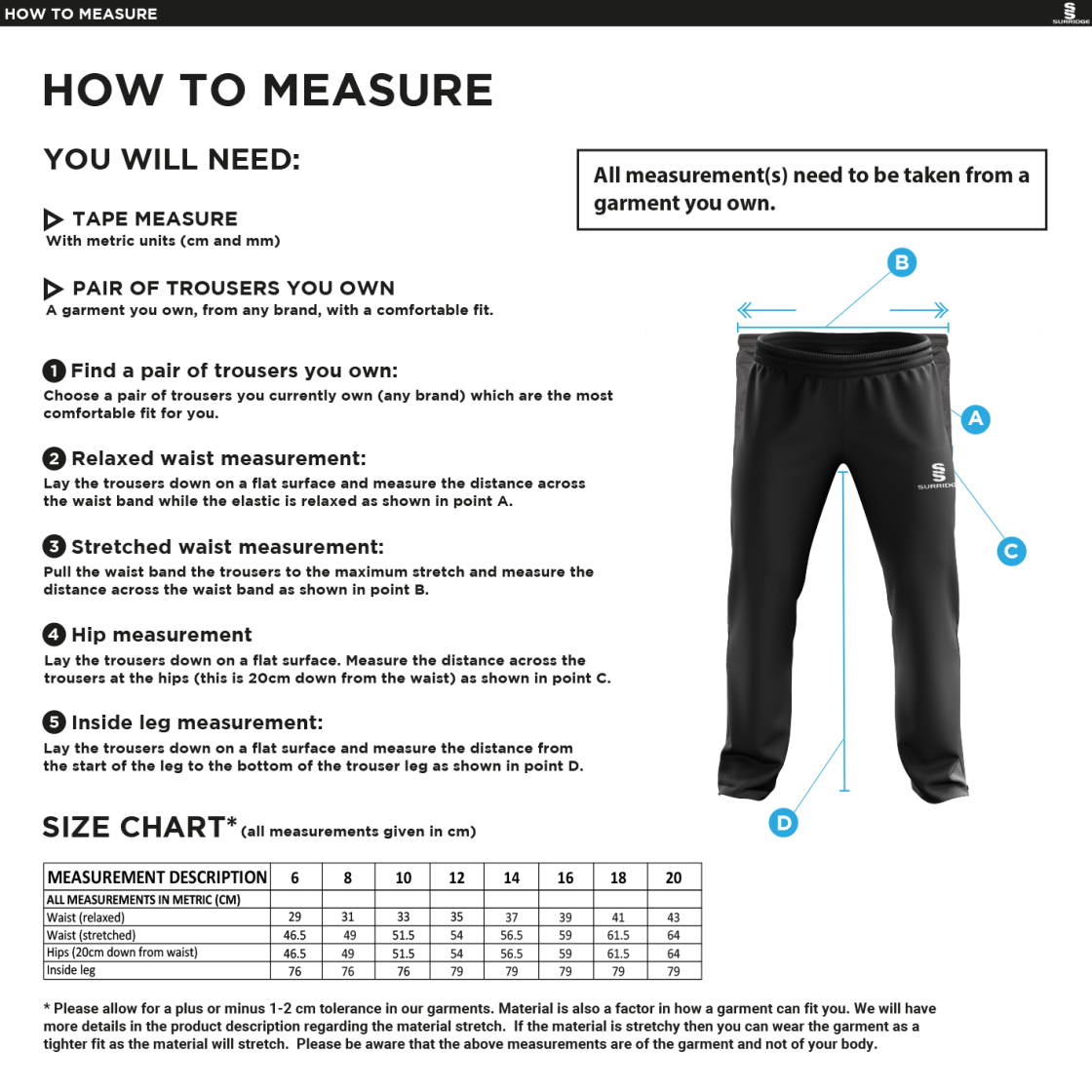 Darley Dale Cricket Club Women's Ripstop Track Pant - Size Guide