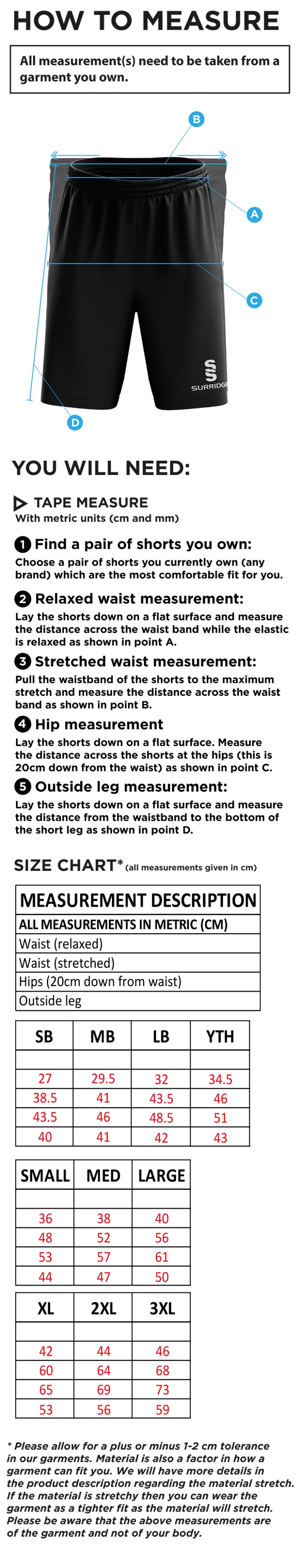 Darley Dale Cricket Club Ripstop Leisure Shorts - Size Guide