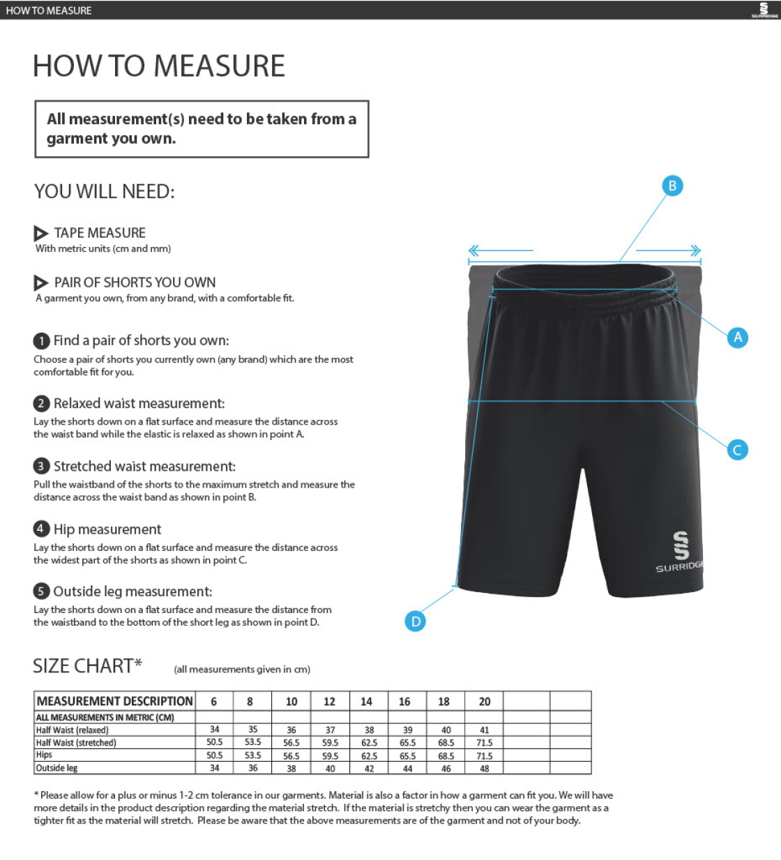 Darley Dale Cricket Club Women's Ripstop Leisure Shorts - Size Guide