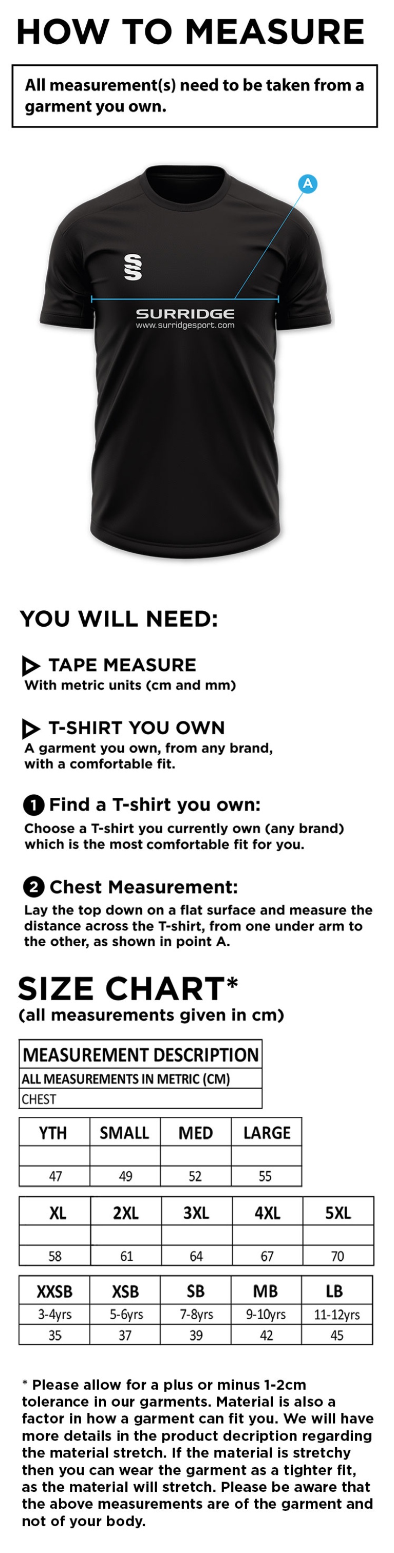 Darley Dale Cricket Club Dual Gym Shirt - Size Guide