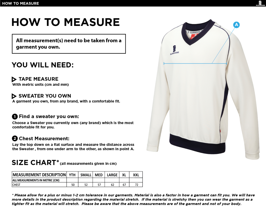 Darley Dale Cricket Club Curve Long Sleeve Sweater - Size Guide