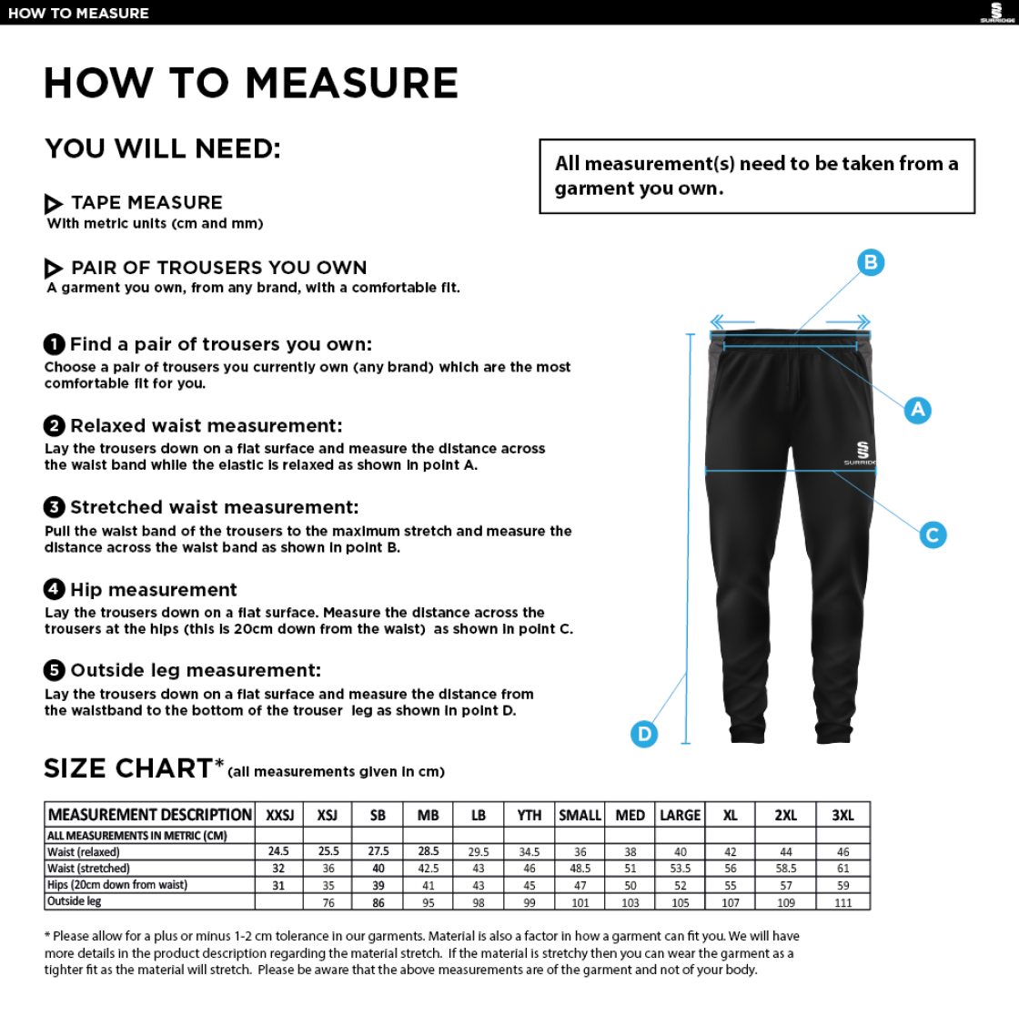 Darley Dale Cricket Club Slim Training Pants - Size Guide