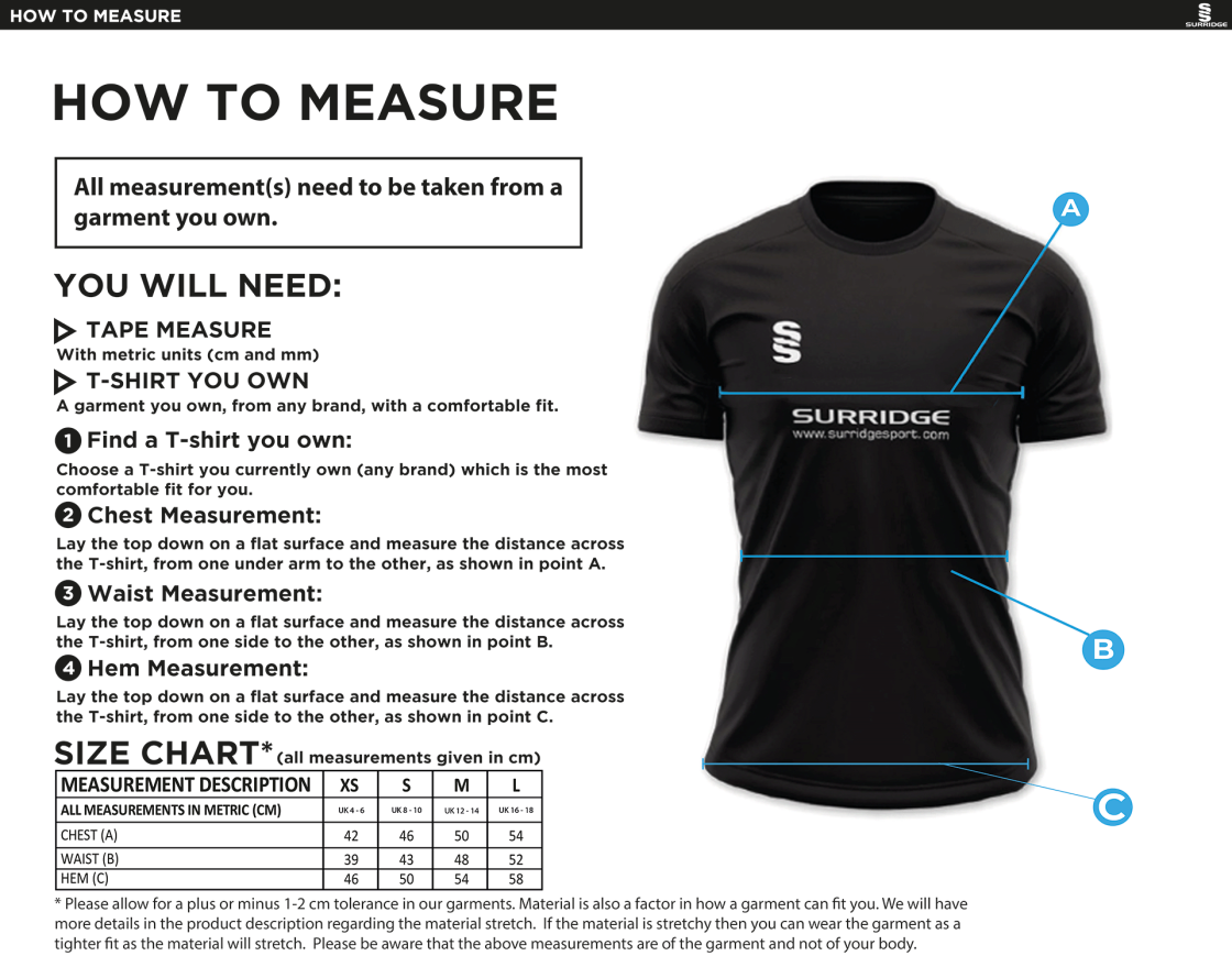 Darley Dale Cricket Club Women's Dual Polo Shirt - Size Guide
