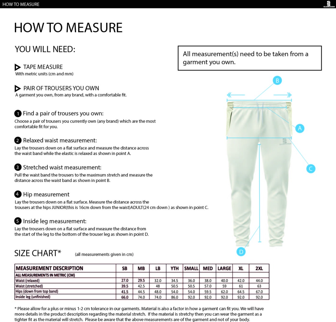 Darley Dale Cricket Club Tapered Fit Cricket Trousers - Size Guide