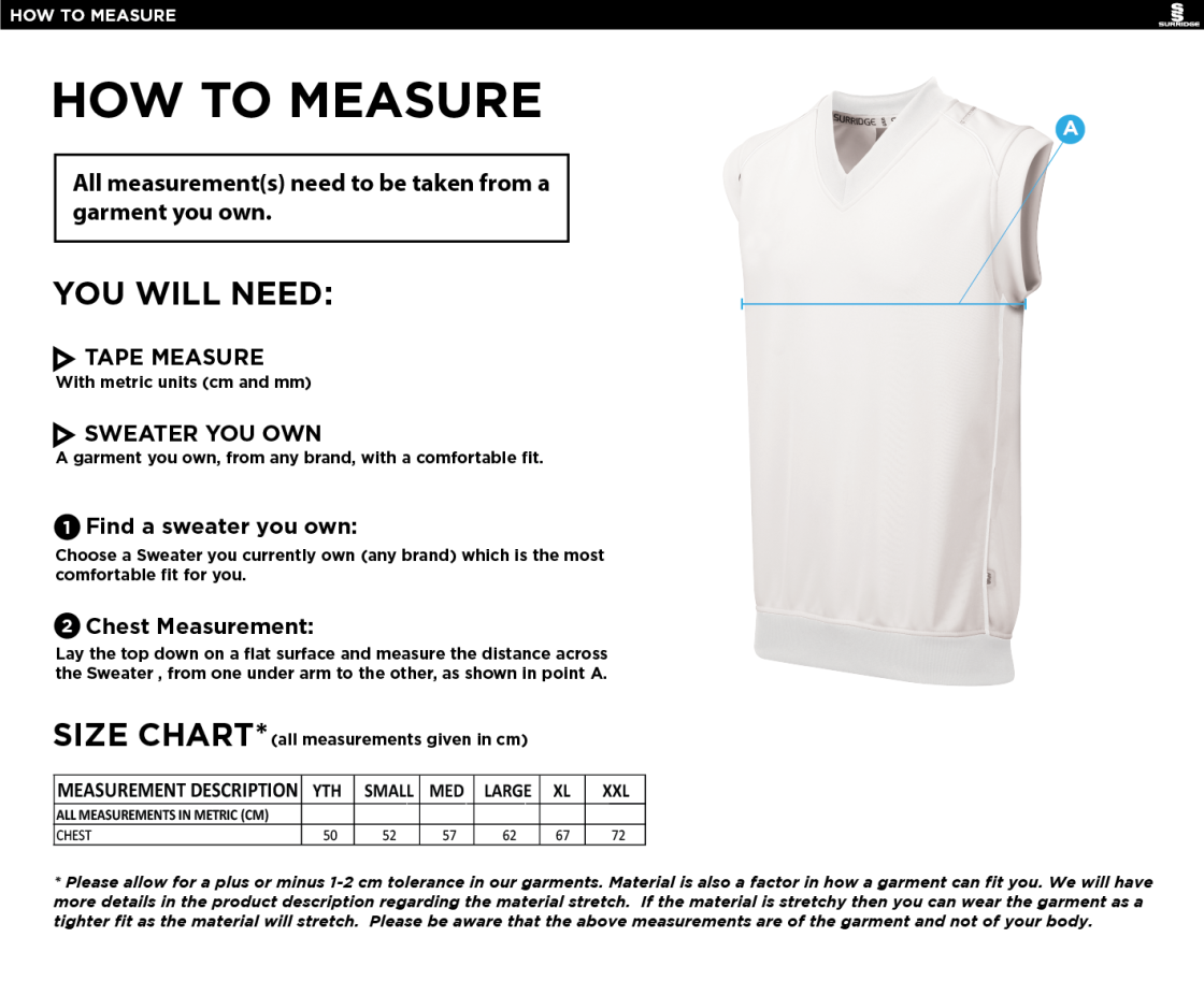 Darley Dale Cricket Club Curve Sleeveless Sweater - Size Guide