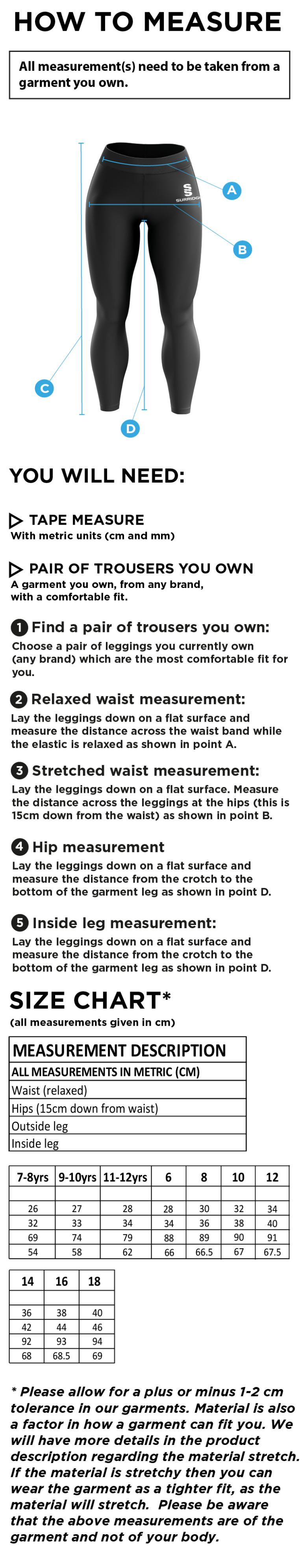 Darley Dale Cricket Club Dual Leggings - Size Guide