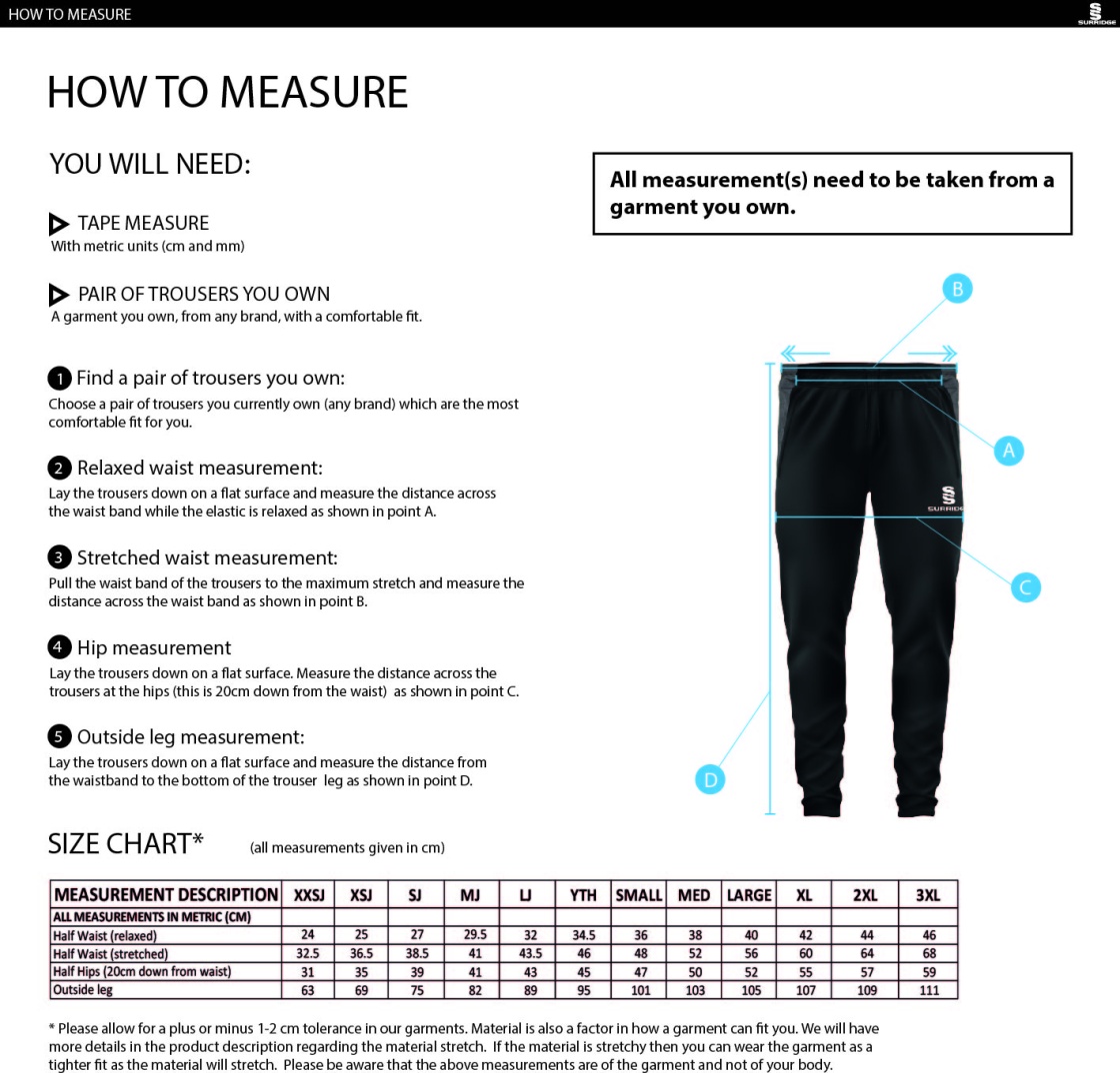 Darley Dale Cricket Club Dual Skinny Pants - Size Guide
