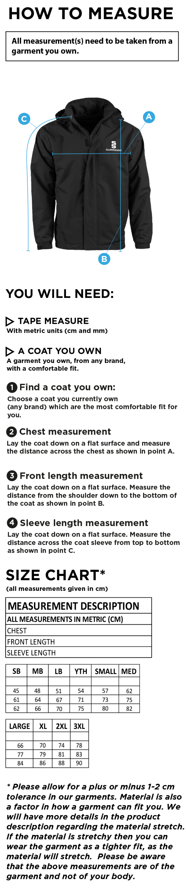 Darley Dale Cricket Club Fleeced Line Jacket - Size Guide