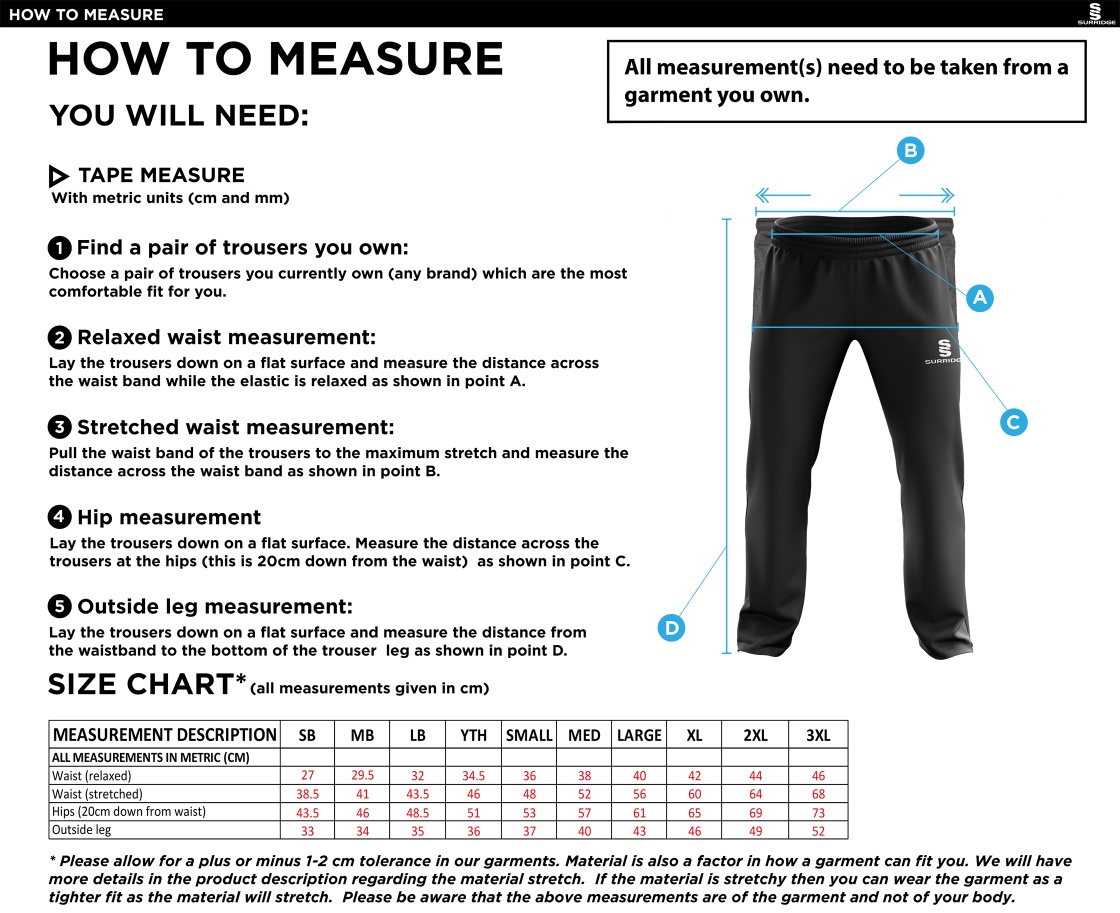 Darley Dale Cricket Club Ripstop Track Pant - Size Guide