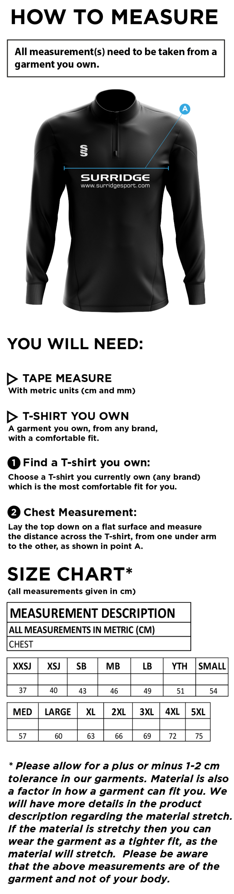 Darley Dale Cricket Club Blade Performance Top - Size Guide
