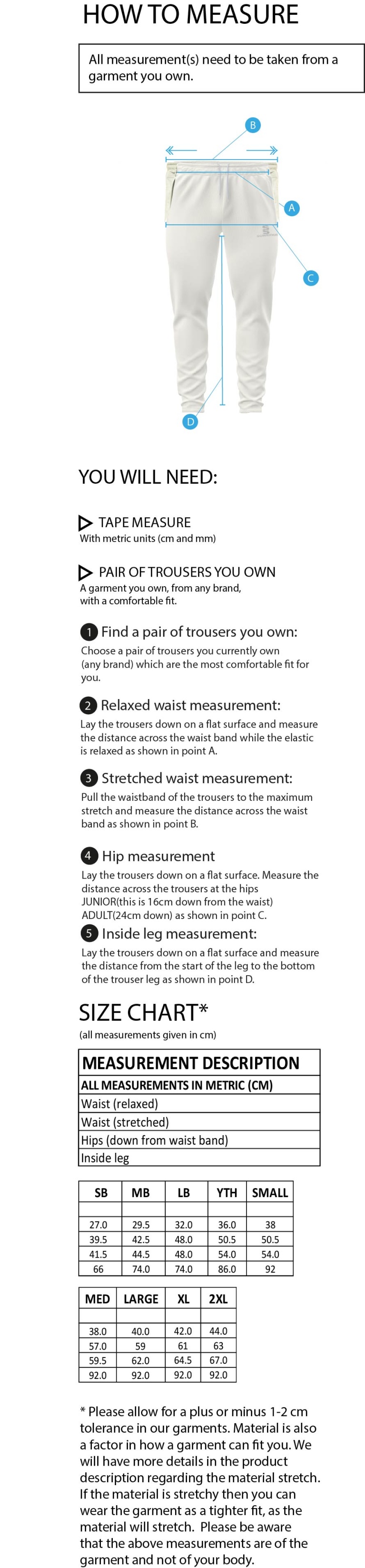 Darley Dale Cricket Club Tapered Fit Cricket Trousers - Size Guide