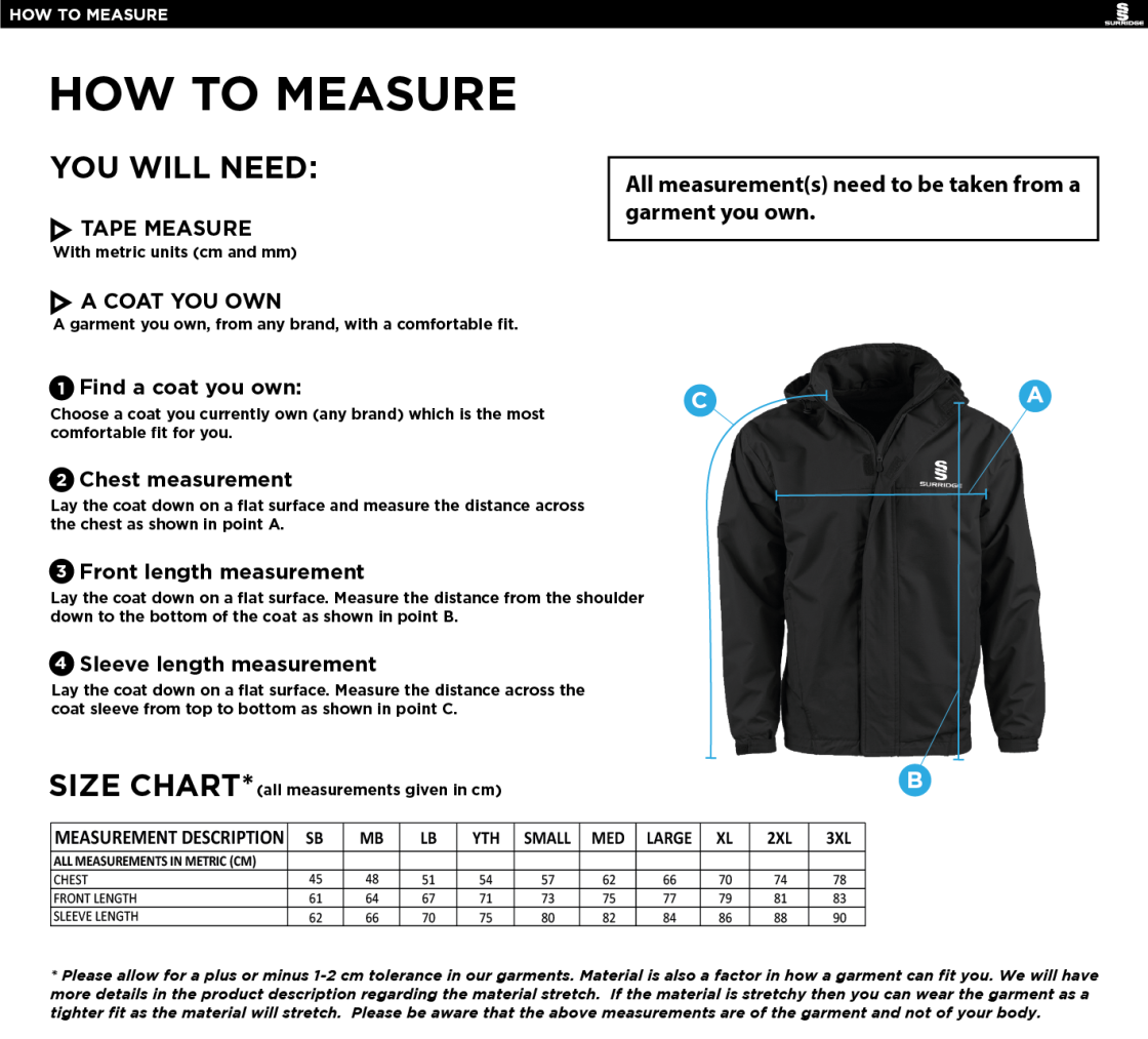 Darley Dale Cricket Club Fleeced Line Jacket - Size Guide