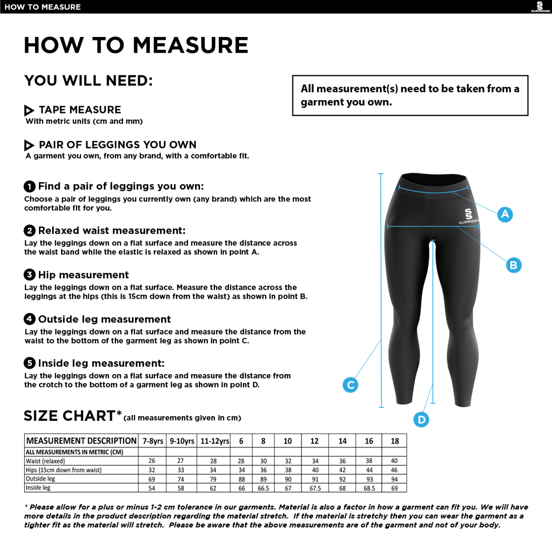 Darley Dale Cricket Club Dual Leggings - Size Guide