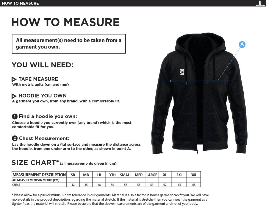 Darley Dale Cricket Club Dual Bonded Full Zip Hoody - Size Guide