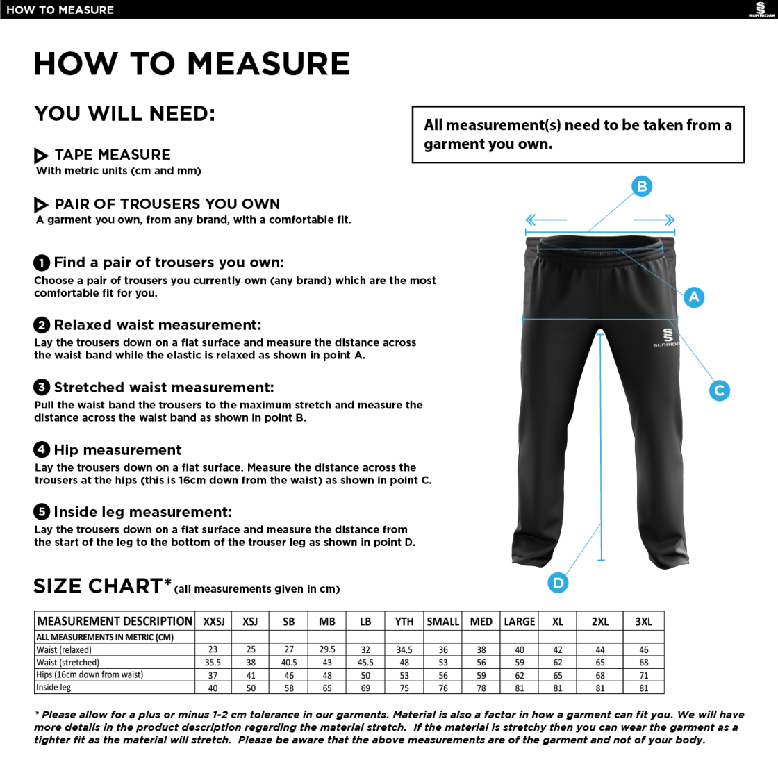 Darley Dale Cricket Club Poplin Track Pant - Size Guide